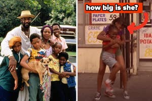 Left: A family posing together with a dog. Right: Humorous comparison of a small girl to groceries