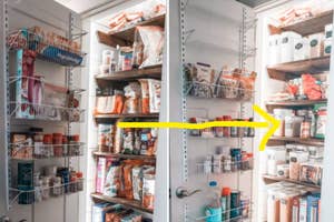 An organized pantry with various food items and containers, with an arrow indicating before-and-after organization