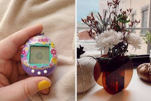 left: reviewer holding Tamagotchi with floral design; right: orange acrylic vase with flowers