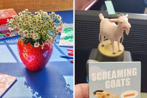 left: strawberry-shaped flower vase; right: Screaming Goat figurine