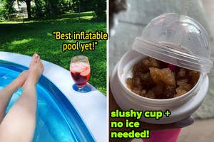reviewer in an inflatable pool with a drink and reviewers slushy in slushy cup