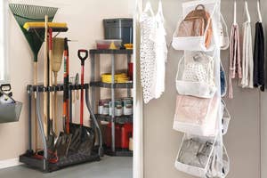 Two storage solutions: a garage organizer holding tools and a hanging closet organizer with purses