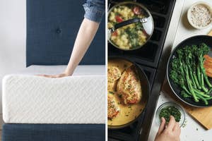 Person lifting a mattress; stovetop with healthy meal preparation