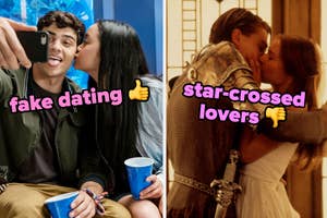On the left, Peter and Lara Jean taking a selfie in To All the Boys labeled fake dating with a thumbs up emoji, and on the right, Leonardo DiCaprio and Claire Danes kissing as Romeo and Juliet labeled star crossed lovers with a thumbs down emoji