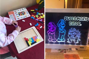 Child engaging with a puzzle and a screen displaying Super Mario Brothers characters