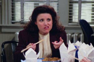 Elaine from "Seinfeld" eating takeout.