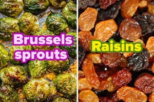 Image split in two; left side shows roasted Brussels sprouts, and right side displays various dried raisins with "Brussels sprouts" and "Raisins" labels