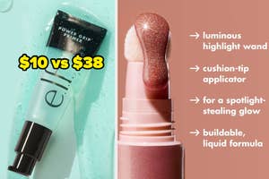 Affordable and high-end primer that's $10 vs $38 alternative / a wand highlighter with a cushion tip applicator