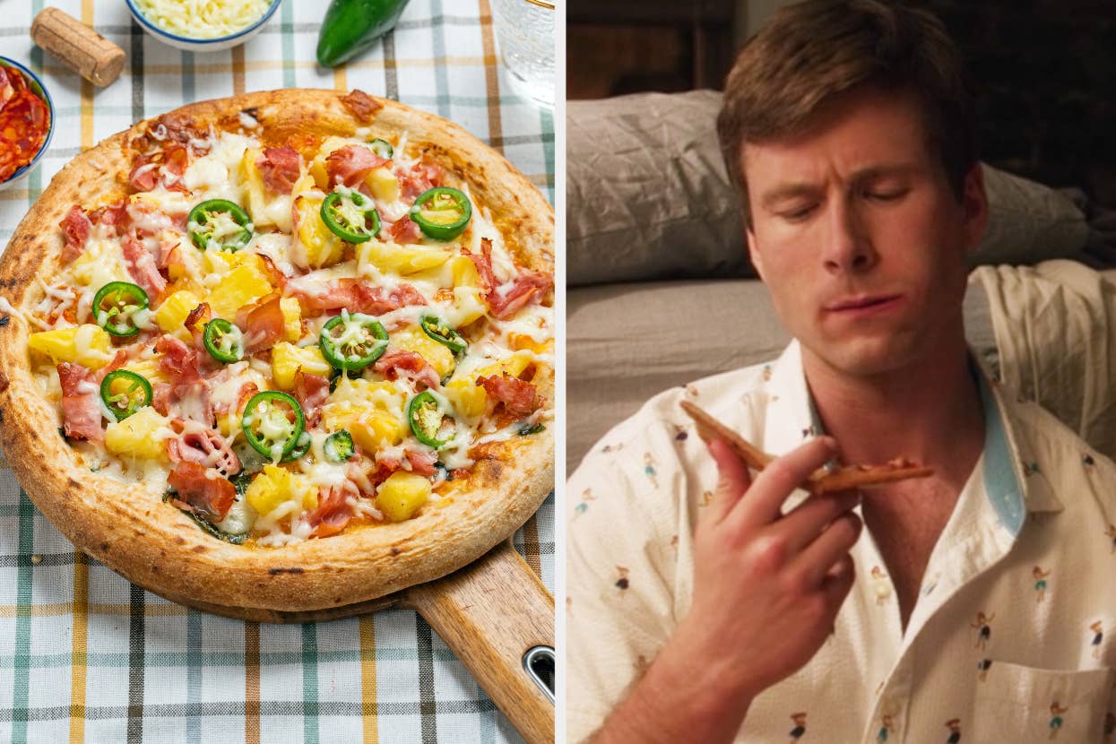 A Hawaiian pizza and Glen Powell looking annoyed at a slice of pizza.