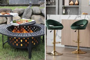 Two images: left shows a fire pit grill with food, right displays two modern bar stools with velvet seats