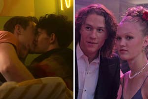 On the left, Nick and Charlie from Heartstopper kissing, and on the right, Patrick and Kat from 10 Things I Hate About You at a school dance