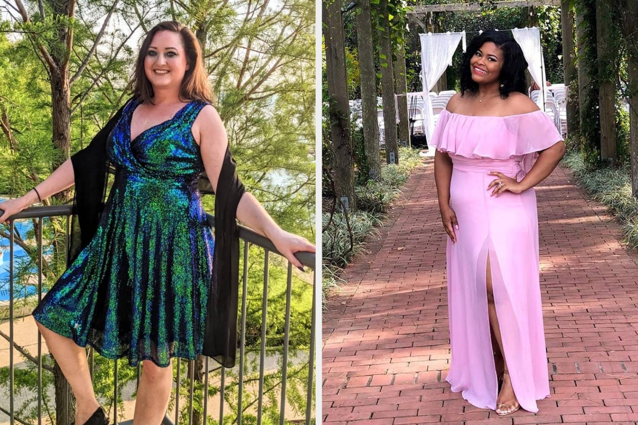 reviewer posing in a green and blue sparkling dress and another reviewer posing in a pink off-shoulder maxi gown with slit