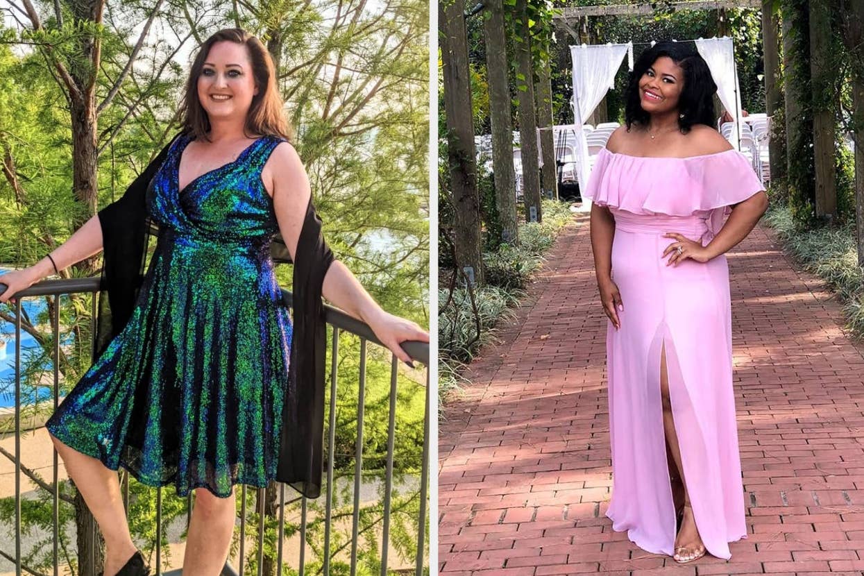 reviewer posing in a green and blue sparkling dress and another reviewer posing in a pink off-shoulder maxi gown with slit