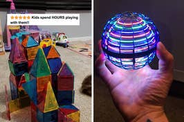 A hand holding a glowing magnetic ball toy; magnetic tiles arranged on the floor. Text: Kids spend HOURS playing with them!