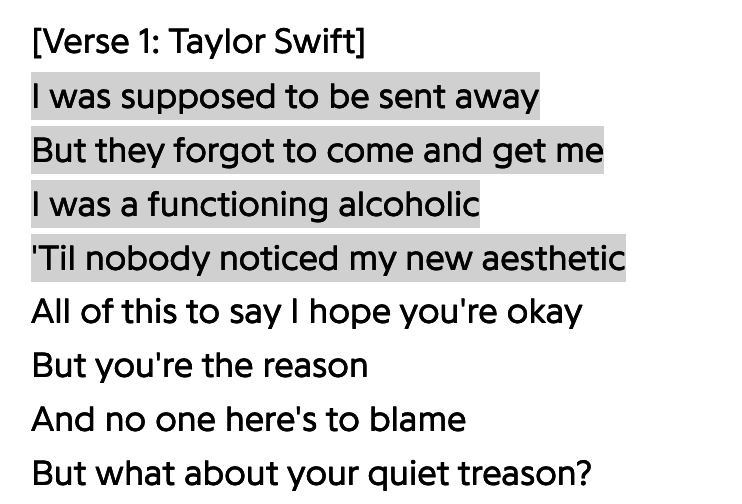Screenshot of Taylor Swift&#x27;s &quot;Fortnight&quot; lyrics