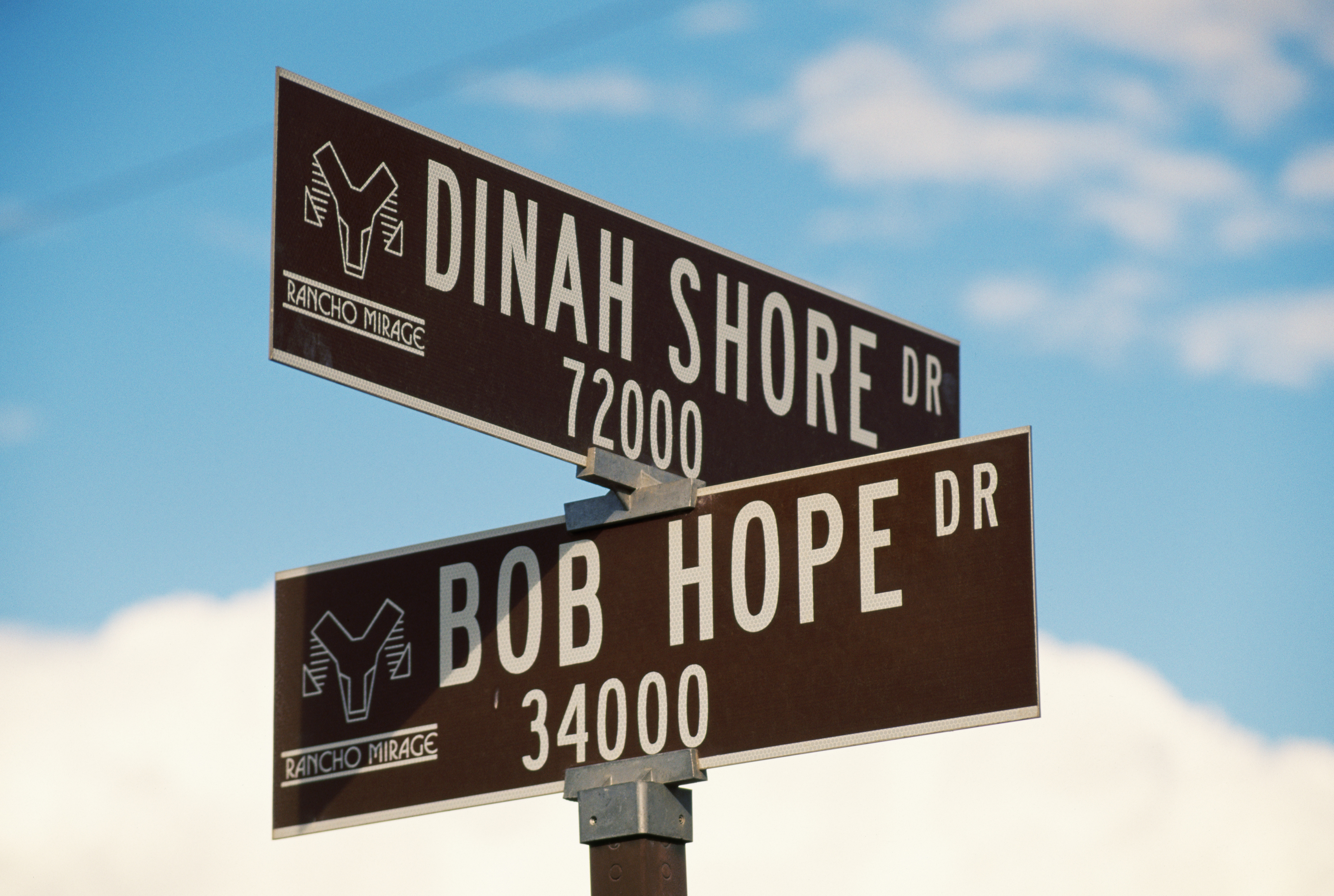 Intersection signpost for Dinah Shore Dr and Bob Hope Dr against a clear sky