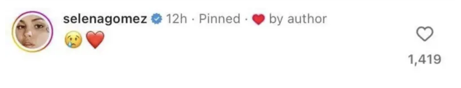 Selena Gomez's verified social media post with a pinned by author tag, a flushed-face emoji, a heart, and 1,419 likes