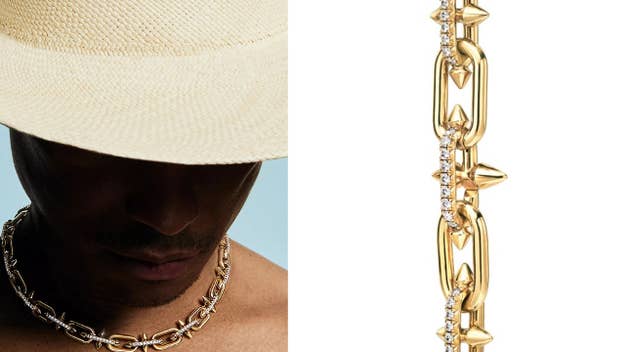 Person in a straw hat with a chain necklace, and a close-up of a gold chain bracelet with diamonds
