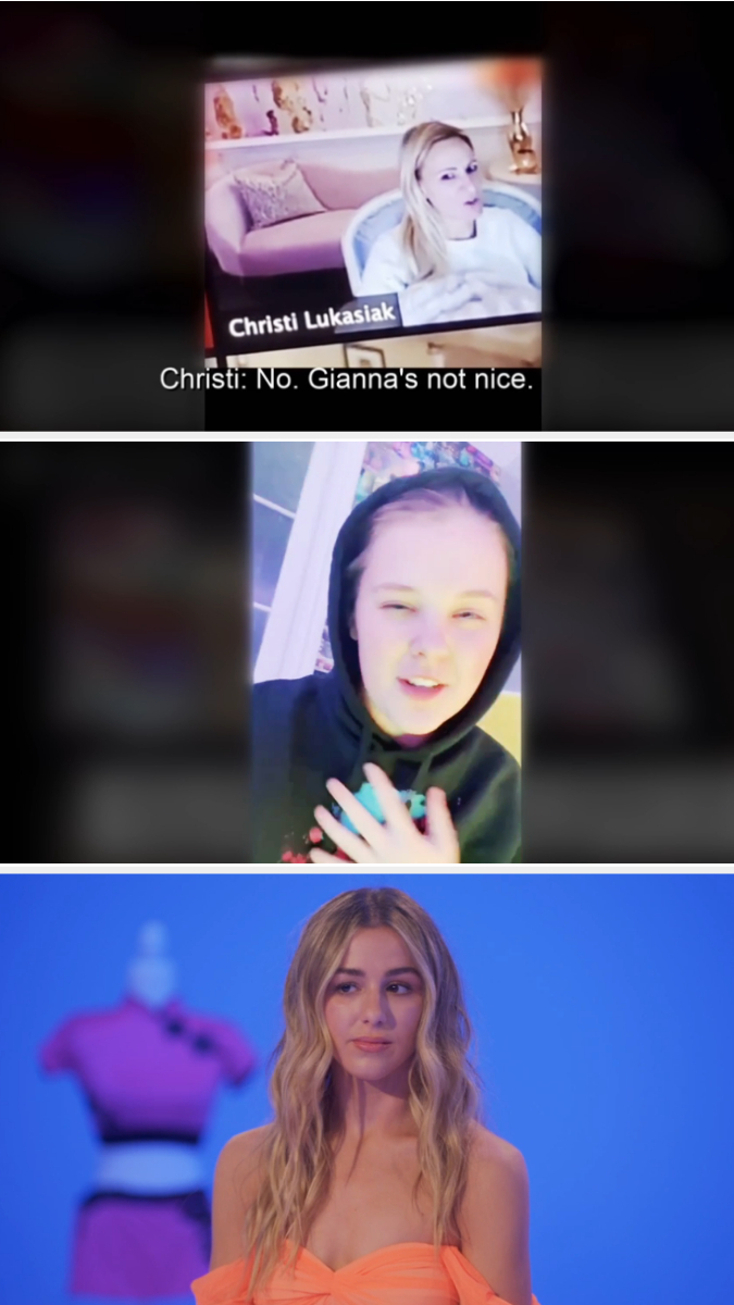 Three separate images: Top shows Christi Lukasiak on a screen; middle shows a person speaking to the camera; bottom is a person in an orange dress
