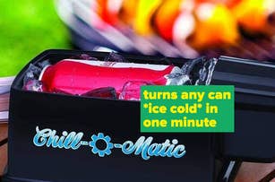 Portable device "Chill-O-Matic" cools a can in one minute, with blurred BBQ in the background