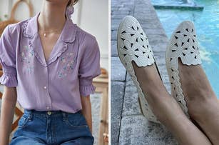 model wearing a purple blouse with floral details paired with jeans / reviewer in white cut-out patterned floral shoes beside a pool