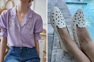 model wearing a purple blouse with floral details paired with jeans / reviewer in white cut-out patterned floral shoes beside a pool