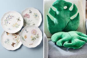 Set of floral plates next to monstera-shaped green plush pillows