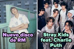Dos imágenes: Izquierda, RM posando junto a una valla. Derecha, Stray Kids en grupo. Texto anuncia música nueva con Charlie Puth