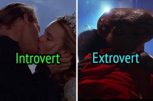 A collage comparing introvert and extrovert, left shows Romeo and Juliet kissing, right features E.T. dressed in red