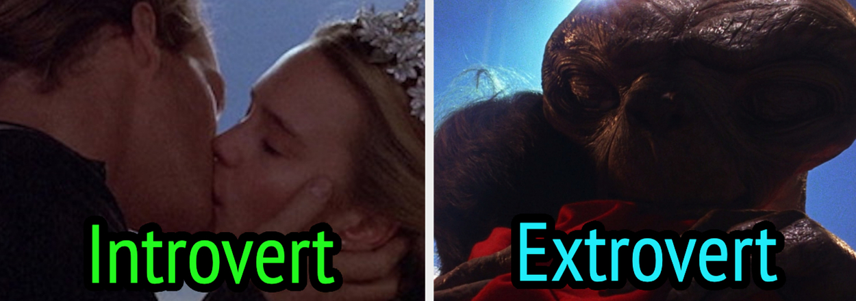 A collage comparing introvert and extrovert, left shows Romeo and Juliet kissing, right features E.T. dressed in red