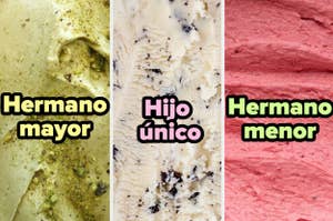 Tres tipos de helado con las palabras "Hermano mayor", "Hijo único" y "Hermano menor"