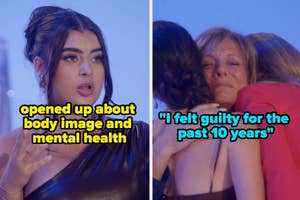 Two side-by-side scenes from a TV show with captions discussing body image and guilt