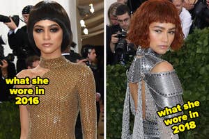 Zendaya wearing a metallic dress with shoulder detailing and in a beaded gown with a high neckline at the Met Gala, Text: "what she wore in 2016" and "what she wore in 2018"