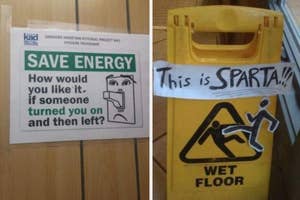 Two humorous signs: Left sign says "SAVE ENERGY" with a light switch comic, right is a "WET FLOOR" sign with "This is SPARTA!" text added