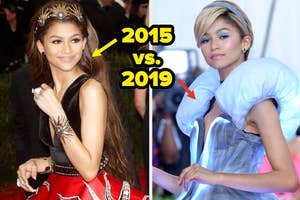 Zendaya in a jeweled tiara and sleek dress in 2015; in 2019, in a bold, structured gown like Cinderella. Text: "2015 vs. 2019"
