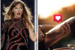 Person on left in embellished outfit singing on stage, right shows hand holding smartphone with heart notification at sunset