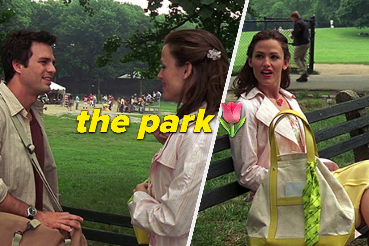 Two scenes from a movie set in a park with the text "the park." Left: A man and woman seated chatting. Right: The woman with a large bag