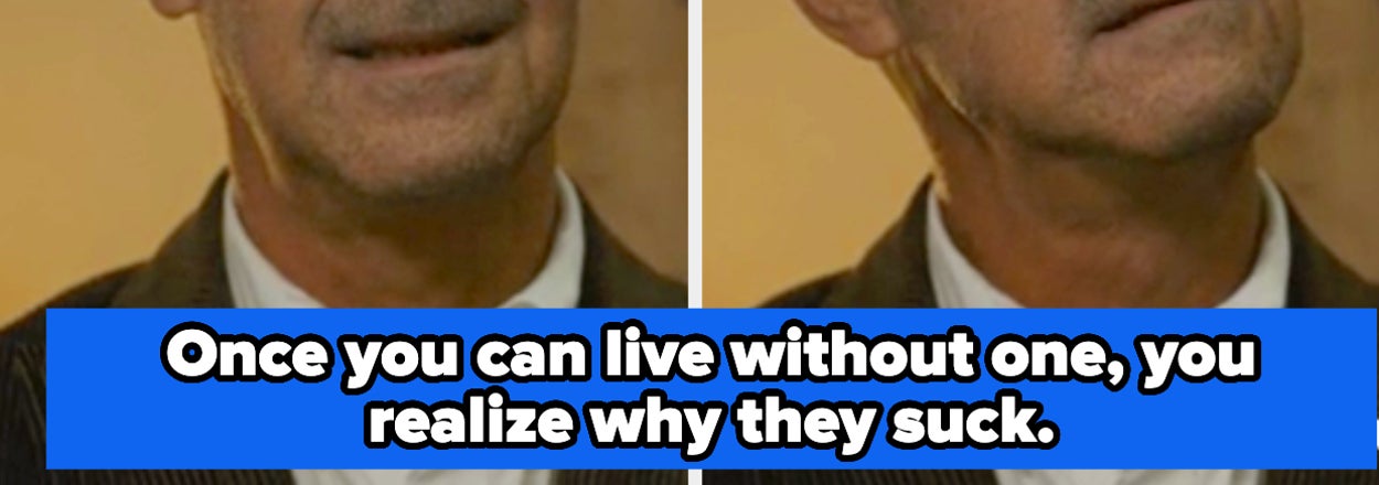 Stanley Tucci is shown with text overlay: "Once you can live without one, you realize why they suck."