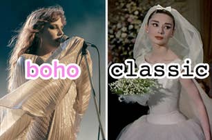 Split image: Left shows a performer singing into a mic, right features a vintage bridal outfit with veil. Text "boho" and "@classic" overlay