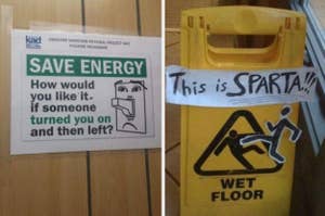 Two humorous signs: Left sign says "SAVE ENERGY" with a light switch comic, right is a "WET FLOOR" sign with "This is SPARTA!" text added