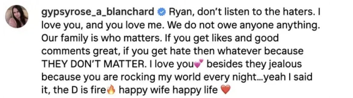 Person expressing love and support to Ryan, dismissing haters and valuing family, with a heart and fire emoji