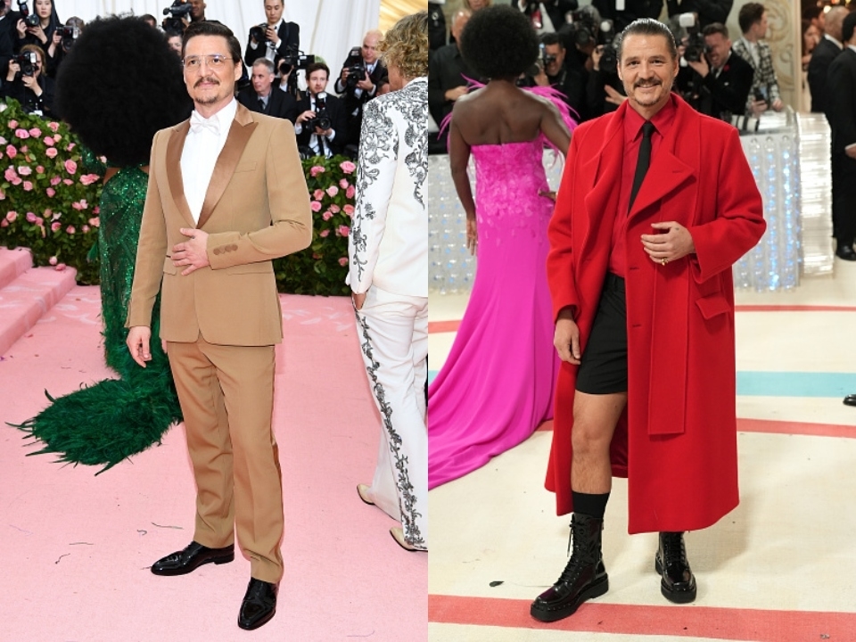 Pedro Pascal en eventos de alfombra roja, uno lleva traje con chaqueta beige y el otro abrigo rojo largo