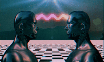 Dos figuras humanas digitales frente a frente con onda entre ellas en escenario ajedrezado, arte conceptual