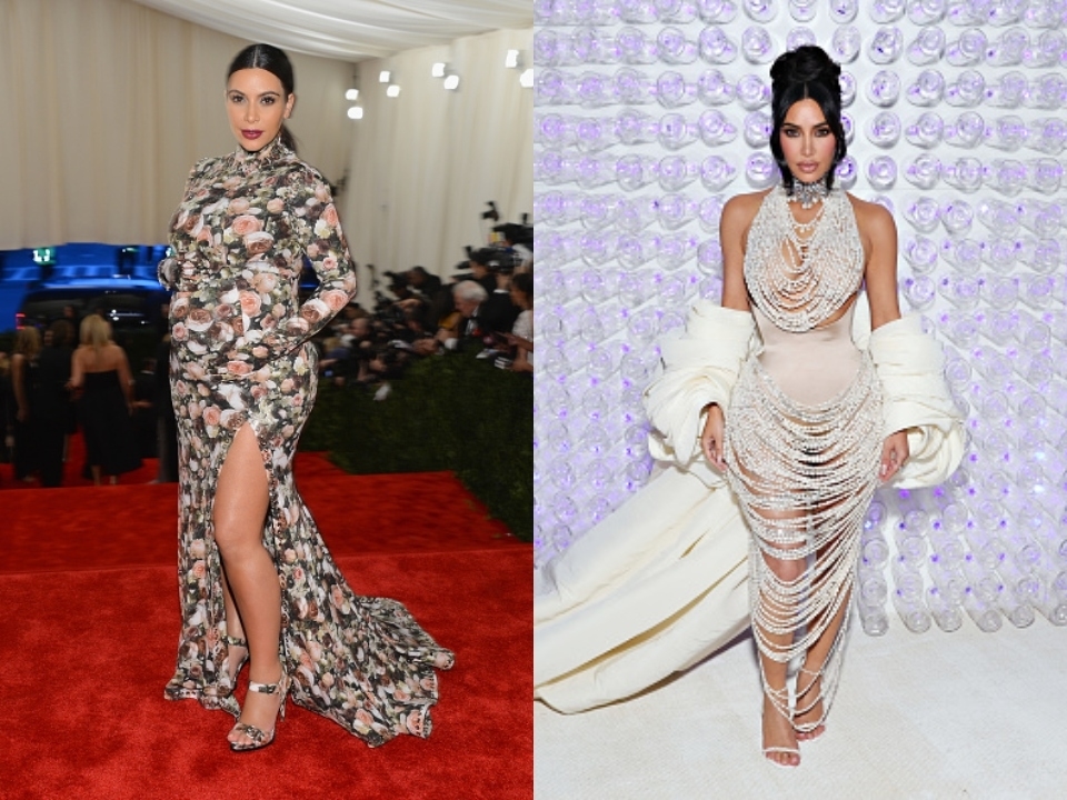 Kim Kardashian en dos eventos distintos, en uno con vestido estampado y abertura lateral, y en otro con vestido beige con adornos y transparencias