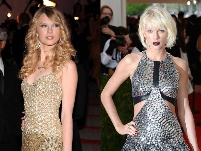 Taylor Swift en dos eventos diferentes, en el primero con vestido dorado y en el segundo con atuendo metálico