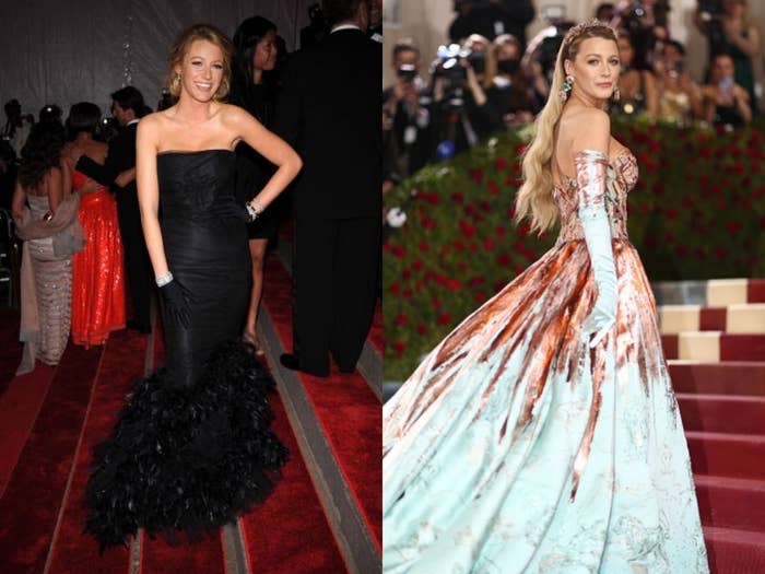 Blake Livelyt en la alfombra roja, una con vestido negro y otra con vestido blanco y estampado rojizo