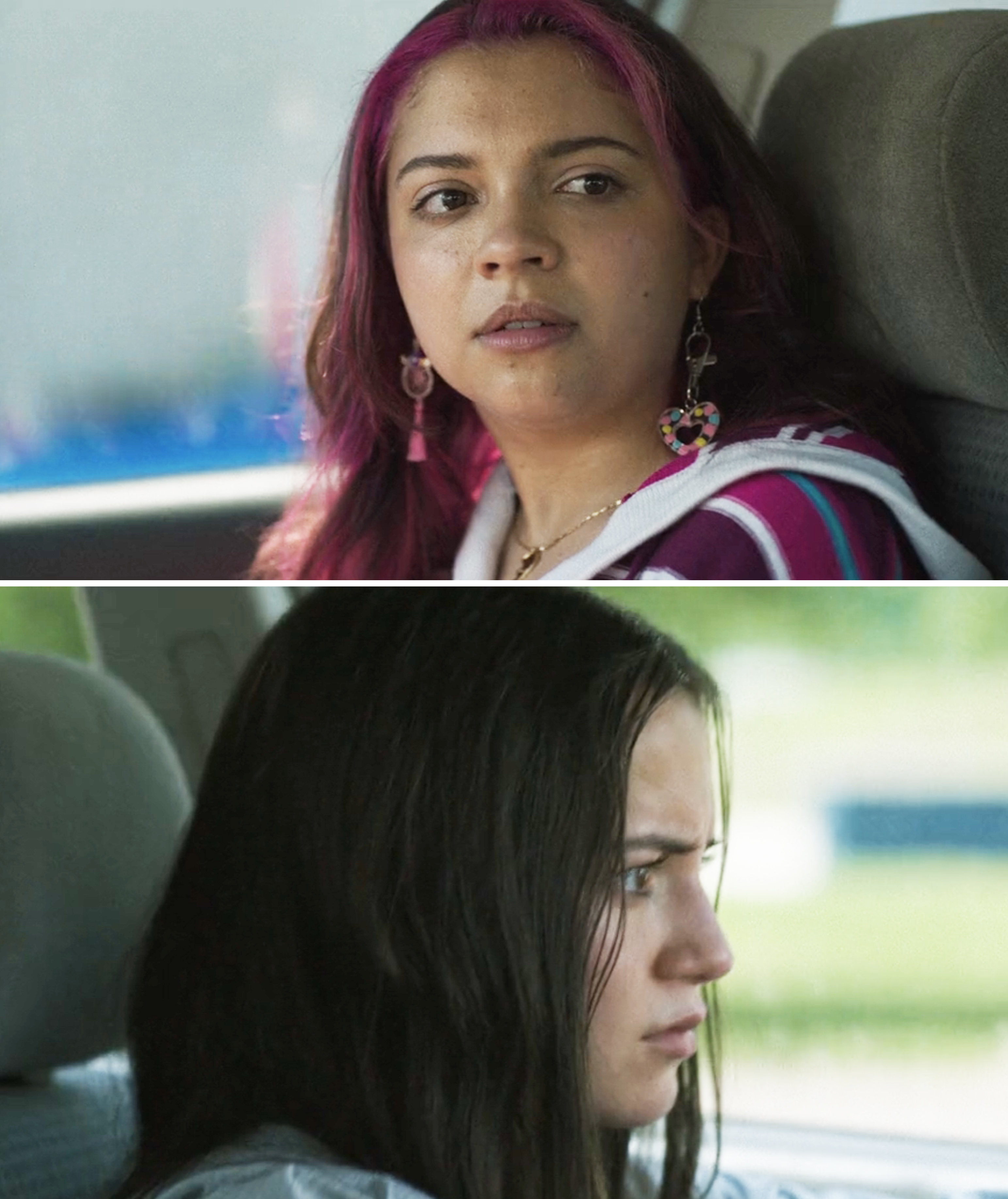 Split-screen of two characters looking pensive in a car from a TV show or movie