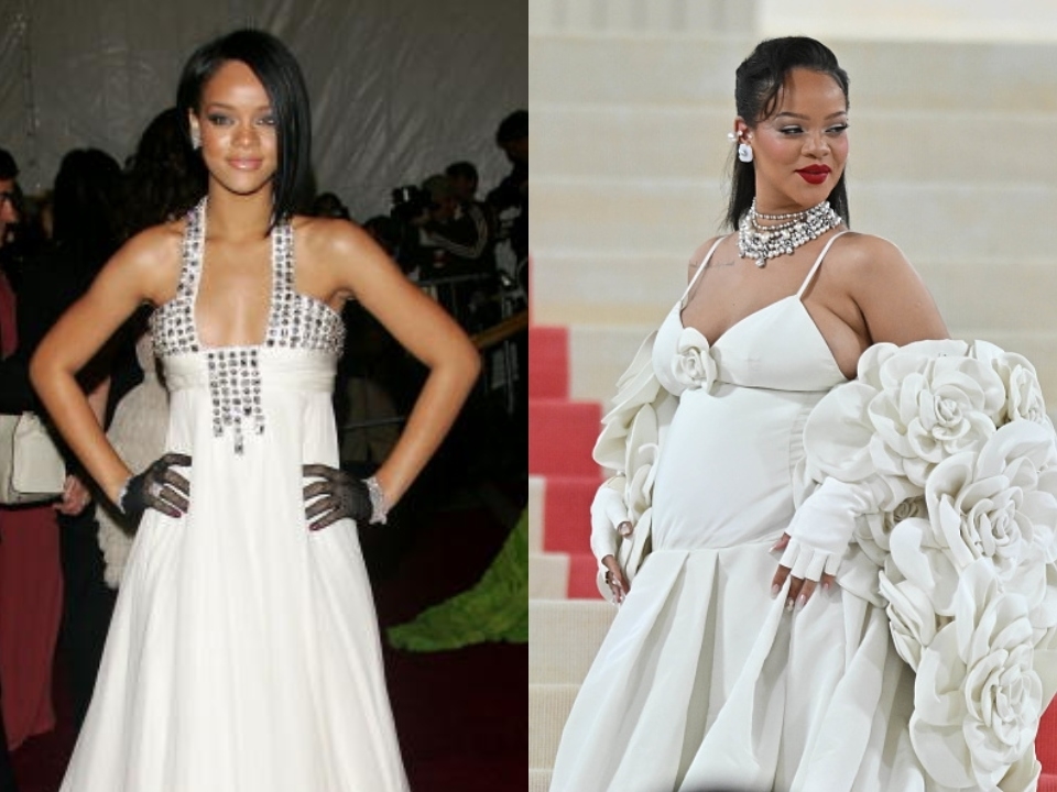Rihanna en dos eventos diferentes, luciendo vestidos elegantes, uno adornado con flores y otro con detalles geométricos