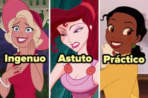 Imagen de tres personajes de Disney, etiquetados como 'Ingenuno', 'Astuto' y 'Práctico'
