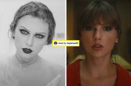 Split image: Left, Taylor Swift with headpiece; right, close-up of Taylor Swift. Instagram-like heart and "Liked by taylorswift" on bottom